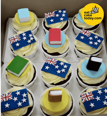 12 pieces Books and Australian flag Cupcakes (Customized) - Customized Cakes - Eat Cake Today - Cake Delivery from Malaysia's Best Bakers - - Eat Cake Today - Birthday Cake Delivery - KL/PJ/Malaysia