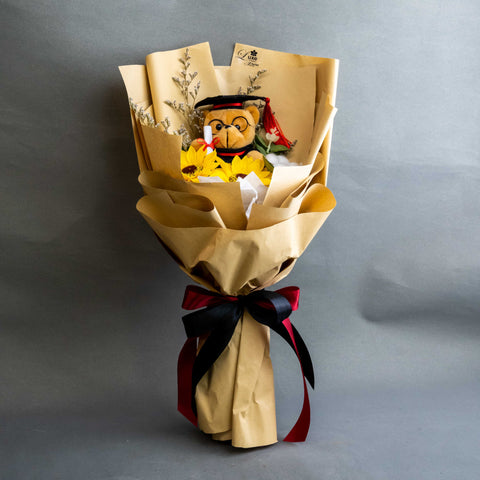 Graduation Teddy Bear Sunflower Soap Flower Bouquet - Flower - Luxe Florist - - Eat Cake Today - Birthday Cake Delivery - KL/PJ/Malaysia